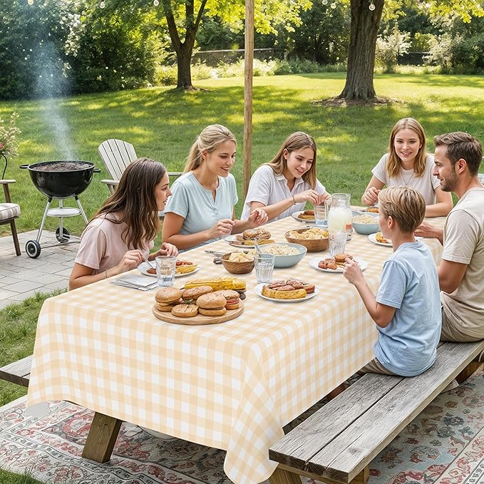 misaya Rectangle Waterproof Vinyl Table Cloth, Buffalo Flannel Backed Tablecloth, Wipeable Plastic Table Cover for Dinner, Kitchen, Outdoor (60" x 84", Beige and White)