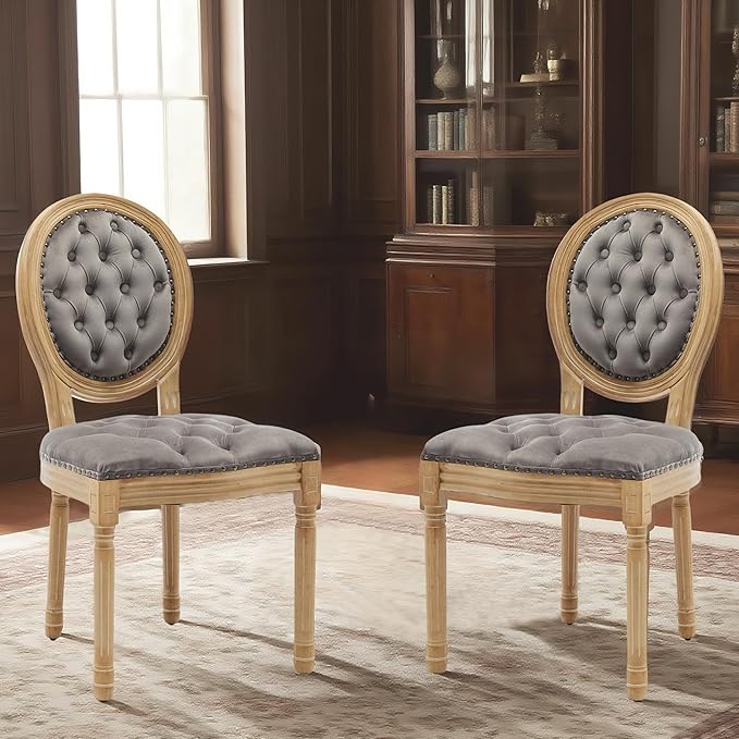 SoarFlash French Dining Chairs Set of 2, Vantage Dining Chair with Round Back, Wood Leg Farmhouse Country Velvet Dining Chair for Kitchen,Bedroom,Grey