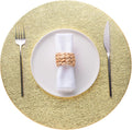 Jovono 15" Faux Leather Big Round Placemats Set of 6 - Washable Heat Resistant Non-Slip Dining Table Mats with Fabric Texture for Kitchen Home Party Wedding Decor, Gold
