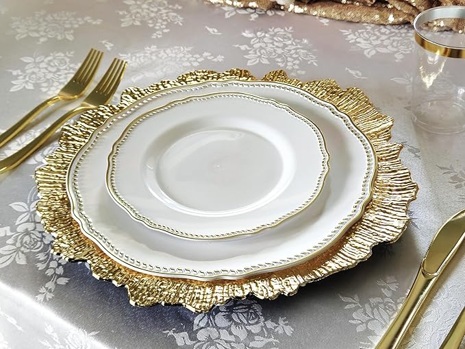 " OCCASIONS " 50 Plates Pack (25 Guests)-Heavyweight Wedding Party Disposable Plastic Plate Set -25 x 10.25'' Dinner + 25 x 7.5'' Salad/dessert plates (Rochelle White and Gold)