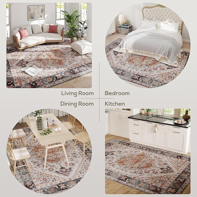 HOMCOM Washable Area Rug, 8'x10' Vintage Indoor Distressed Carpet, Retro Floor Cover Foldable, Floral Print Mat for Living Room, Bedroom, Dining Room, Tawny Brown