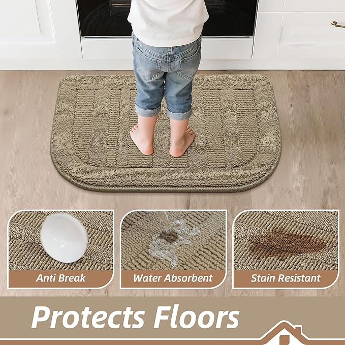 BEQHAUSE 30x18 Inch Kitchen Rug Mat Durable Kitchen Rugs Non-Slip Washable Absorbent Kitchen Mats for Floor Dirt-Resistant Semicircular Kitchen Mat (Beige)