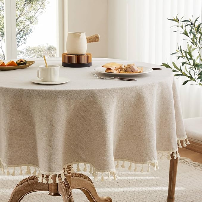 Linen Tablecloth with Tassels, Farmhouse Style Beige Tablecloth, Water Resistant Burlap Tablecloths for Round Table, 52 Inch Round Natural