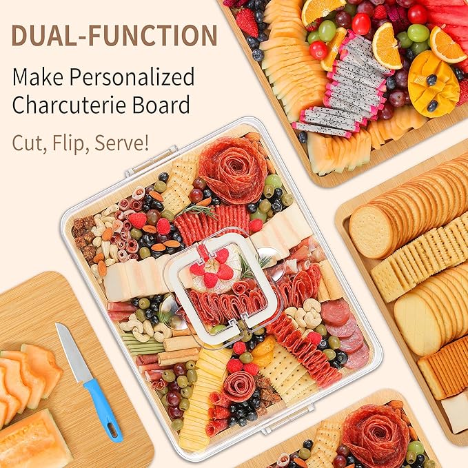 Portable Travel Charcuterie Board with Lid and Handle - Large Bamboo Cheese Board with 4 Cheese Knife Set for Outdoor, Picnics - Weddings, House Warming Gift for Women (1 Compartment, White)