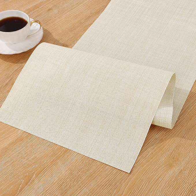 SHACOS Woven Vinyl Table Runner PVC Table Runners 12 x 54 inch Wipeable Plastic Heat Resistant Runner for Table Indoor Outdoor, Beige White