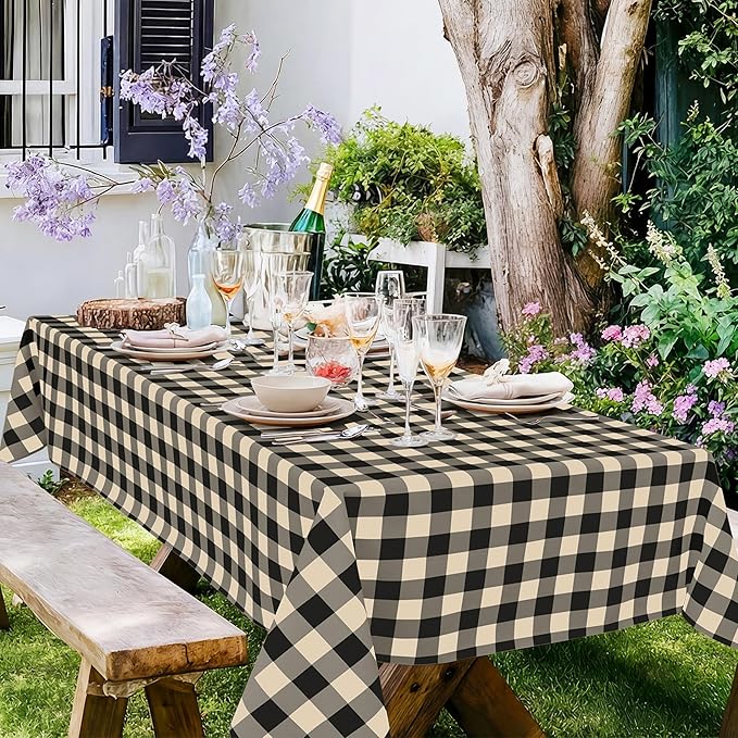 misaya Rectangle Waterproof Vinyl Table Cloth, Buffalo Flannel Backed Tablecloth, Wipeable Plastic Table Cover for Dinner, Kitchen, Outdoor (60" x 120", Black and Beige)