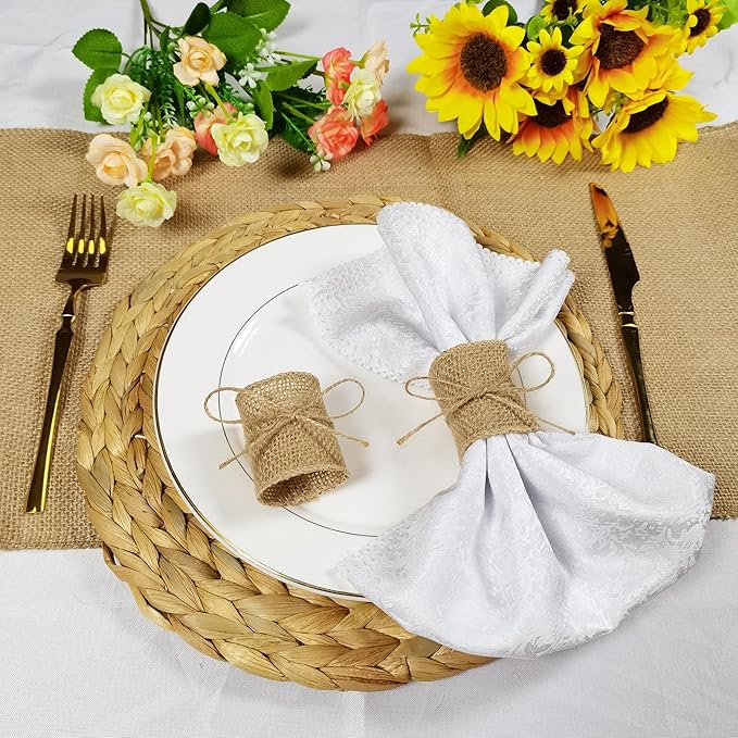 Natural Burlap Napkin Rings Set of 100 pcs with Jute Rope,Disposable Napkin Bands Bulk,Rustic Serviette Ring for Tables,Decorations,Wedding,Dinner,Country Party Decor