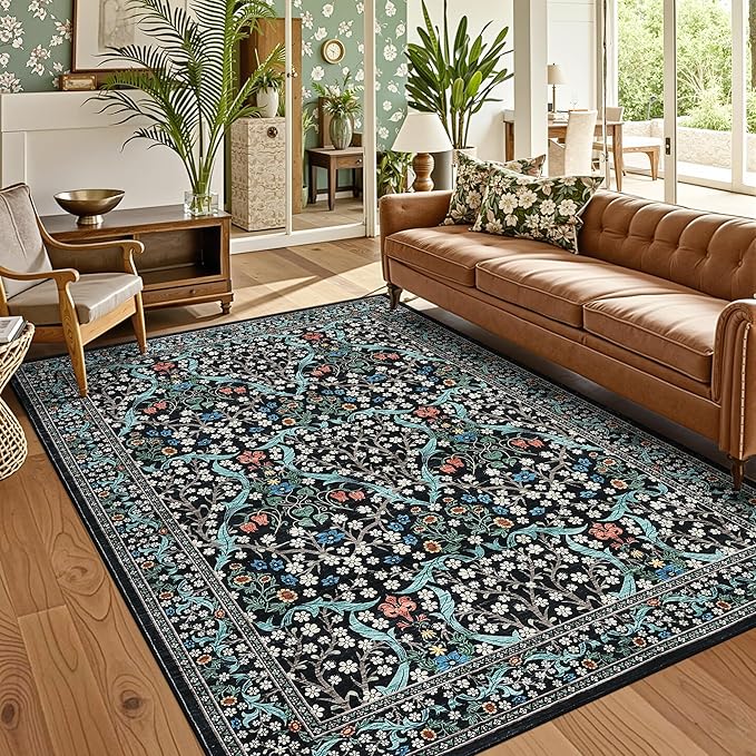 GarveeHome Floral Area Rugs 5x7, Washable Rug for Living Room, Bedroom, Low Pile Non Slip Stain Resistance Indoor Boho Carpet Mat for Farmhouse, Dining Room, Office, Black