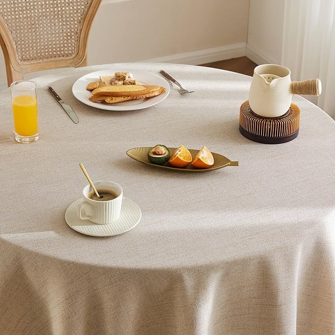 Linen Tablecloth with Tassels, Farmhouse Style Beige Tablecloth, Water Resistant Burlap Tablecloths for Round Table, 52 Inch Round Natural