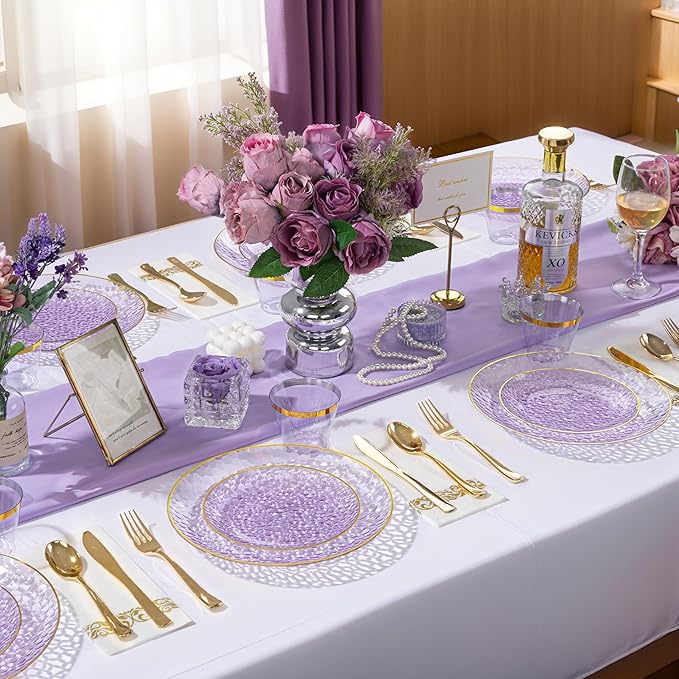 DaYammi 60 Pieces Purple Gold Plastic Plates - 10 inch Clear Dinner Plates - Hammer Pattern Design - Fancy Clear Purple and Gold Disposable Plates For All Occasions