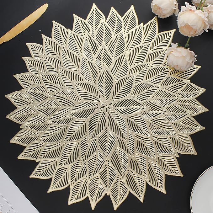 Placemats Set of 6, Round Hollow Out Flowers Place Mats for Dining Table Pressed Vinyl Blooming Leaf Table Mats for Holiday Party Wedding Accent Centerpiece Dinner Decoration (Gold)