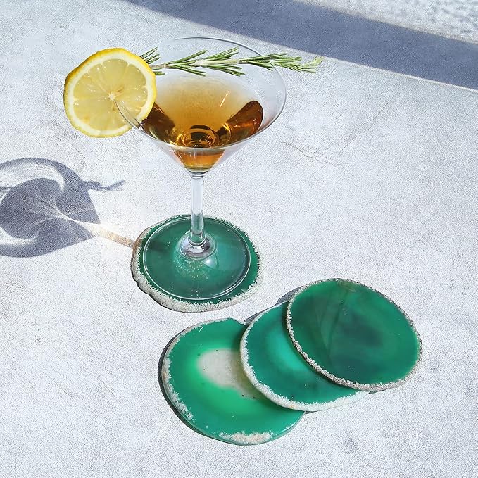Agate Drink Coasters Set of 4, Natural Stone Coaster for Coffee Table 3.5-4" Geode Gemstone Coasters Decor, Unique Gift for Women Men Housewarming Birthday Wedding Anniversary (Green)