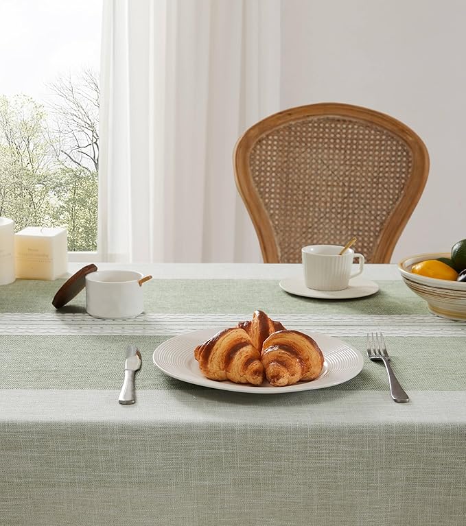 ZeeMart Contrast Linen Table Cloth Rectangle Table Cloths 52x70 Inch Mid-Stripe Green, Farmhouse Style Heavy Weight Sage Green Tablecloth, Water Resistant Burlap Tablecloths