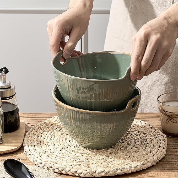 Ramen Bowl with Chopsticks and Spoons Set, 7 Inch Ceramic Noodle Bowl Set of 2, Dishwasher Safe for Pho Udon Soba Noodle Salad Pasta, Special Reactive Glazed Green Bowls Set