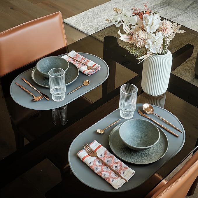 LINE+ARC Waterproof, Stain-Resistant, Heat-Safe Silicone Degrē Placemats (20.5x13, Set of 2 Stonewash) 3mm-High Rim Adults Babies Easy-to-Clean Washable Oval Modern Non-Slip Dining Table Mats