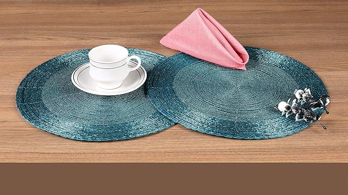 Lightnpro Beaded Placemats Set of 4 - Round Handmade Farmhouse Table Chargers - Decorative Glitz Placemats for Dining Table, Holiday Parties, Wedding, Kitchen & Event Décor - 13 Inch Teal