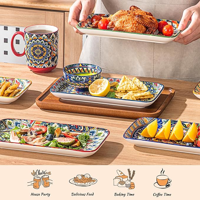 Henten Home Porcelain 10 Inch Dinner Plates, Ceramic Rectangular Salad Plate Set of 6, Bohemian Serving Dishes for Sushi, Pasta, Appetizer, Microwave & Dishwasher Safe