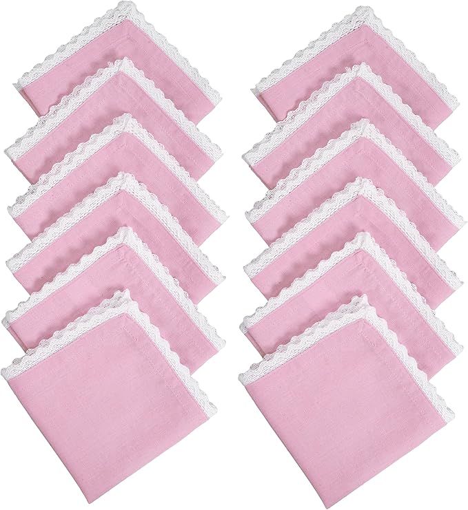 Fingercraft Dinner Cloth Napkin Cotton Linen Blend 12 Pack 12In Mitered Corners with Elegant Lace for Everyday Use Napkins Cloth are Pre Shrunk and Good Absorbency Pastel Rose