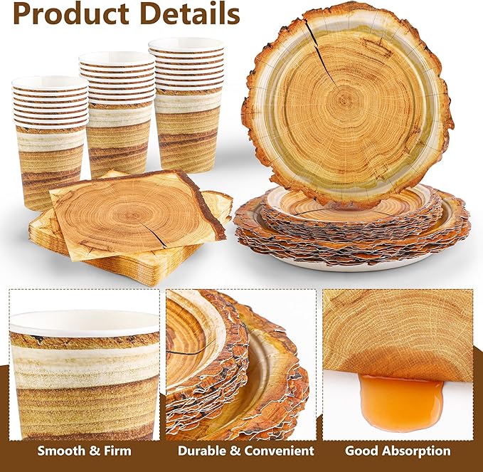 Kochorie 96 Pieces Camping Wood Grain Slice Tableware Set Rustic Wood Party Supplies Including Paper Plates Cups Napkins Serves 24 Guests for Hunting Baby Shower Lumberjack Birthday Party