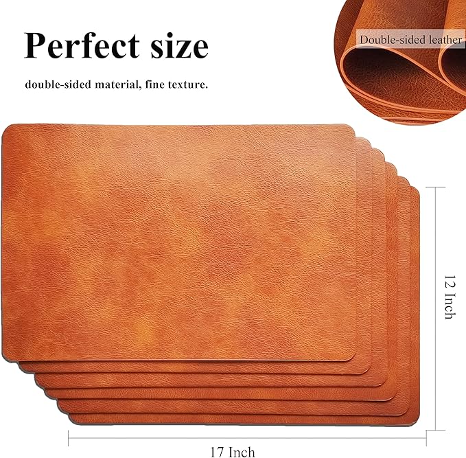 Cowhide Pattern PU Leather Placemats Set of 6 Heat Resistant Kitchen Table Mats, Non-Slip Dining Table Decorations, Double-Sides Waterproof Wipeable Place mats(Brown)