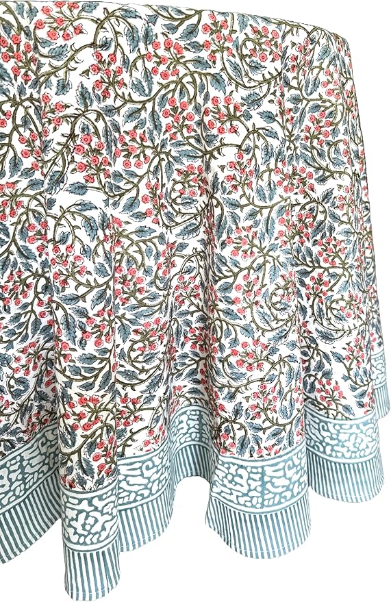 ATOSII Kalina 100% Cotton Spring Round Tablecloth, Handblock Print Floral Table Cloth for Kitchen Dining Linen I Parties, Weddings, Outdoors, Easter, Holidays I 60" Inches Round