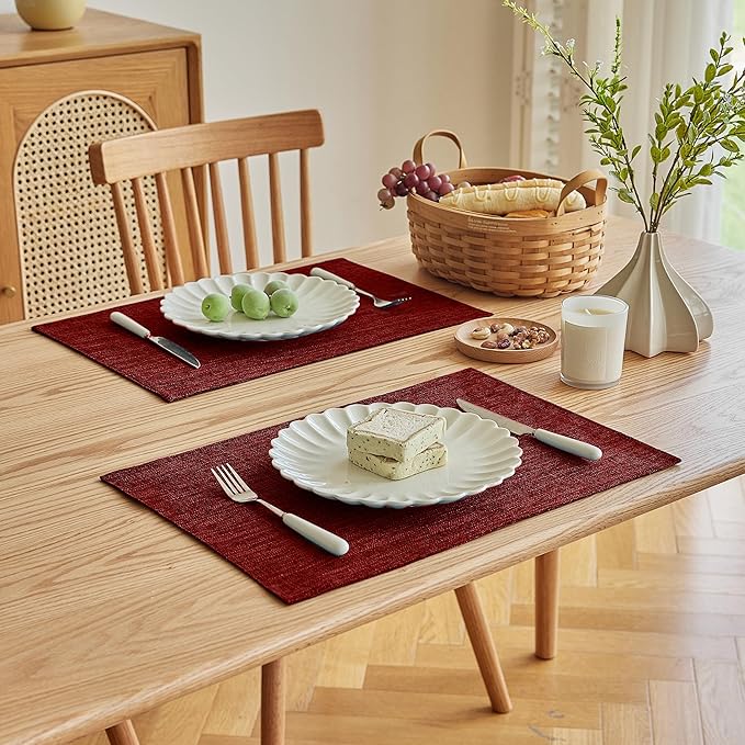 Softalker Faux Linen Placemats Set of 8-12 x 18 Inch, Heat Resistant Double Layered Durable Burlap Farmhouse Place Mats, Non-Slip Washable Rustic Table Mats for Dining, Kitchen, Party（Red