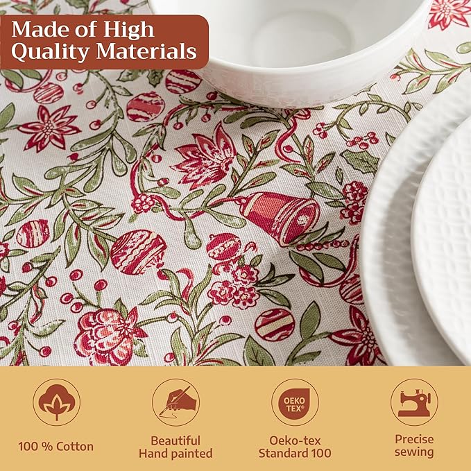 Maison d' Hermine Table Cloth Rectangle Table 100% Cotton 70 x 90 Inches Fall Tablecloth Reusable Everyday Use for Thanksgiving Christmas Decorations Dining Farmhouse Party (Reveillon Au Jardin)