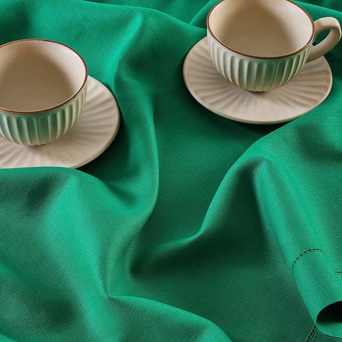 Solino Home Linen Emerald Green Tablecloth 52 x 52 Inch - 100% Pure Linen Square Table Throw - Classic Hemstitch, Machine Washable Table Cloth for St Patricks Day