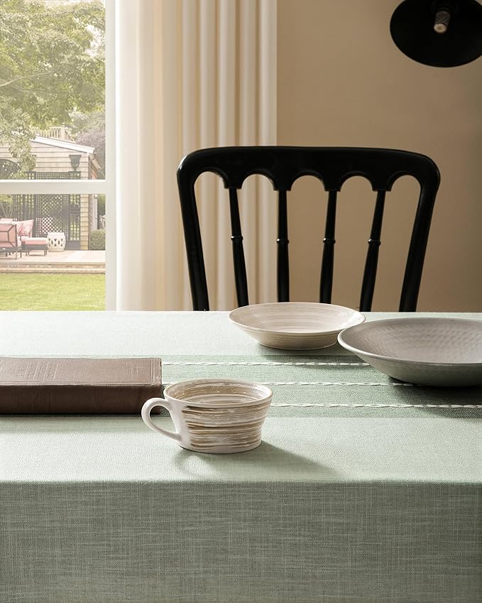 ZeeMart Contrast Linen Table Cloth Rectangle Table Cloths 60x84 Inch Green, Farmhouse Style Heavy Weight Sage Green Tablecloth, Water Resistant Burlap Tablecloths