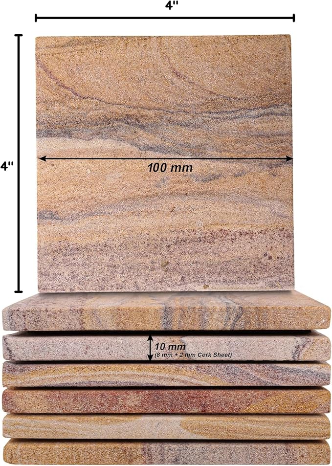 Sandstone Water Absorbent Hand Crafted Square Coasters for Drinks - 4 Inches Wide Thirsty Stone Bar/Drink Coasters- Made from Rainbow Sandstone (Set of 4 Without Holder)