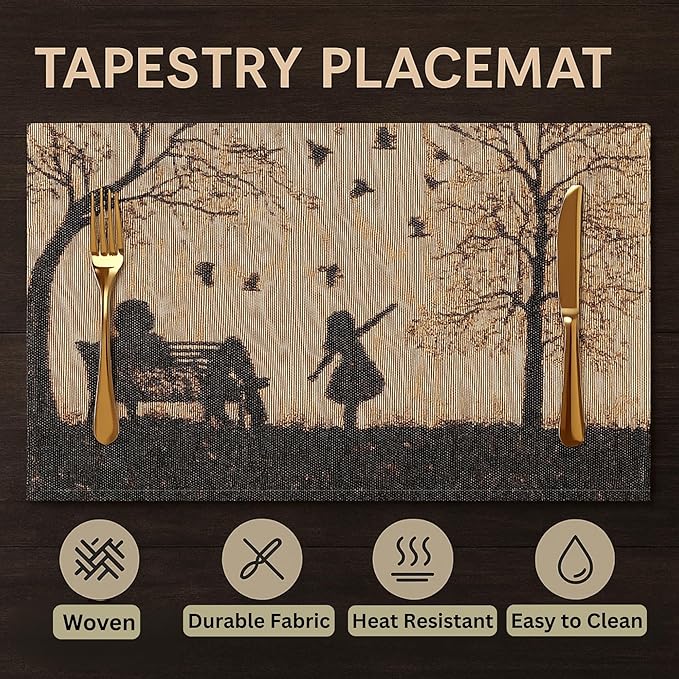 DaDalogy Farmhouse Rustic Dining Placemats - Set of 4 Tapestry Woven Cotton Halloween Kitchen Table Mats Fall Silhouette Decor - Family Cozy Cabin Orange Tan Black Decorative - 13” x 19”