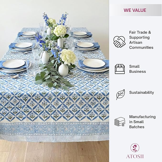 ATOSII Netta Blue 100% Cotton Rectangle Boho Fall Tablecloth, Handblock Floral Table Cloth Linen for Kitchen Dining I Parties Wedding Outdoors Farmhouse Grandmillennial I 72 X 108 Inches I 8 Seater