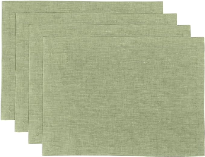 Solino Home Linen Cloth Placemats Set of 4-100% Pure Linen Chambray Olive Placemats 14 x 19 Inch for Spring, St Patricks Day - Athena