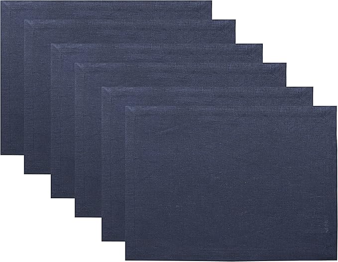 Solino Home Linen Navy Blue Placemats Set of 6-100% Pure Linen Placemats 14 x 19 Inch for Winter, Spring, Easter - Fete