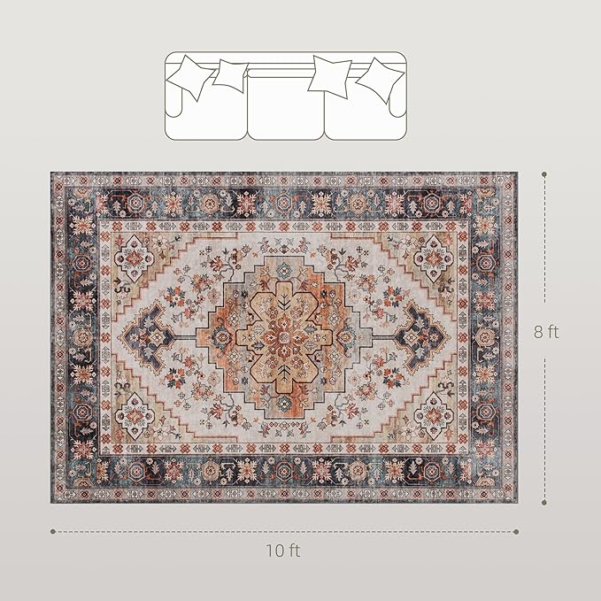 HOMCOM Washable Area Rug, 8'x10' Vintage Indoor Distressed Carpet, Retro Floor Cover Foldable, Floral Print Mat for Living Room, Bedroom, Dining Room, Tawny Brown
