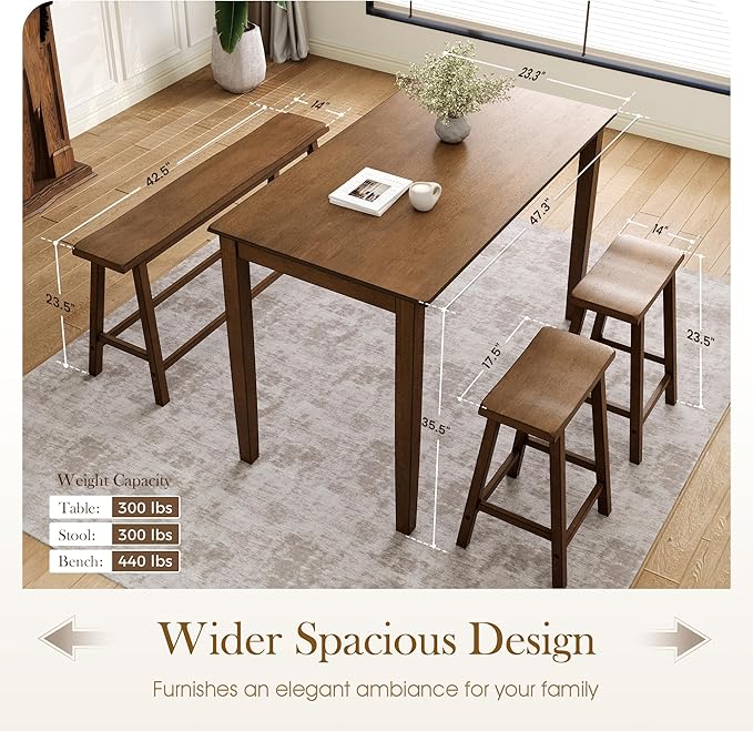 Sophia & William Dining Table Set for 4, Wooden Kitchen Table Set with Bench and 2 Chairs, Space-Saving Breakfast Dining Sets,Rustic Caramel