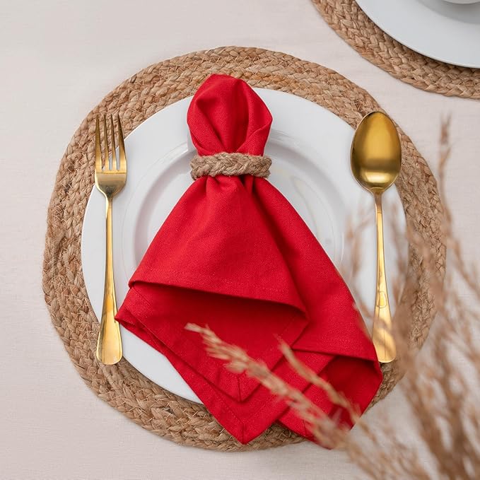 Blue Needles Solid Cloth Napkins Set of 12 Red 100% Cotton Dinner Napkins 18x18 inches - Soft, Reusable, Absorbent & Washable Linen, Ideal for Valentine's Day Events, Parties & Everyday Use