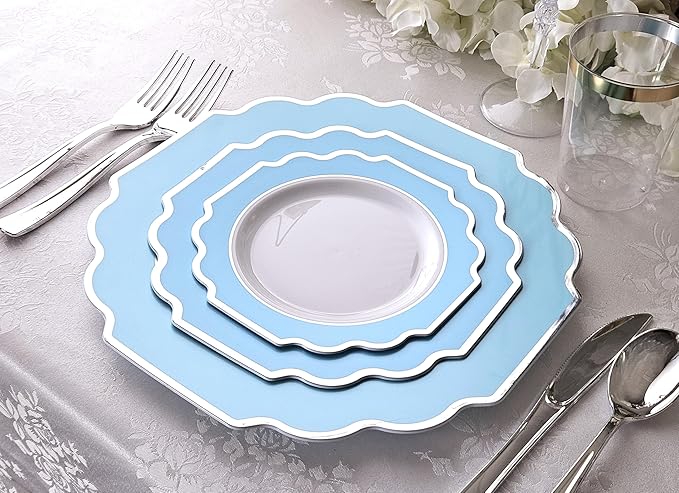" OCCASIONS " 50 Plates Pack (25 Guests)-Heavyweight Wedding Party Disposable Plastic Plate Set -(25x10.5'' Dinner + 25x8'' Salad/dessert (Imperial Aqua & Silver)