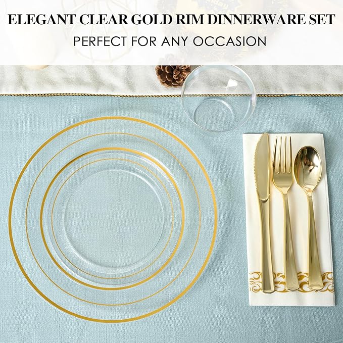FOCUSLINE 350 Count Clear Dinnerware Set for 50 Guests- Clear Plastic Plates with Gold Rim, Includes Disposable 50 Dinner & Salad Plates, Cups, Napkins and Cutlery Set