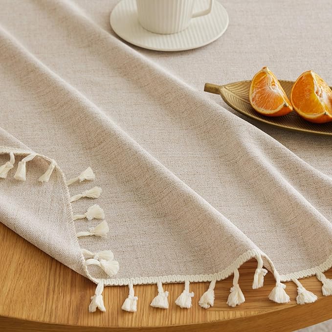 Linen Tablecloth with Tassels, Farmhouse Style Beige Tablecloth, Water Resistant Burlap Tablecloths for Round Table, 60 Inch Round Natural