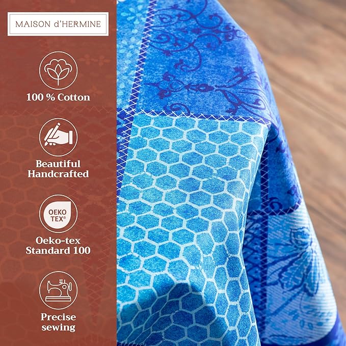 Maison d' Hermine Table Cloth Round Table 100% Cotton 63 Round Inches Tablecloth Reusable Decorative for Dining Room Farmhouse Home Valentines Day Decorations Spring Summer - Indigo Love