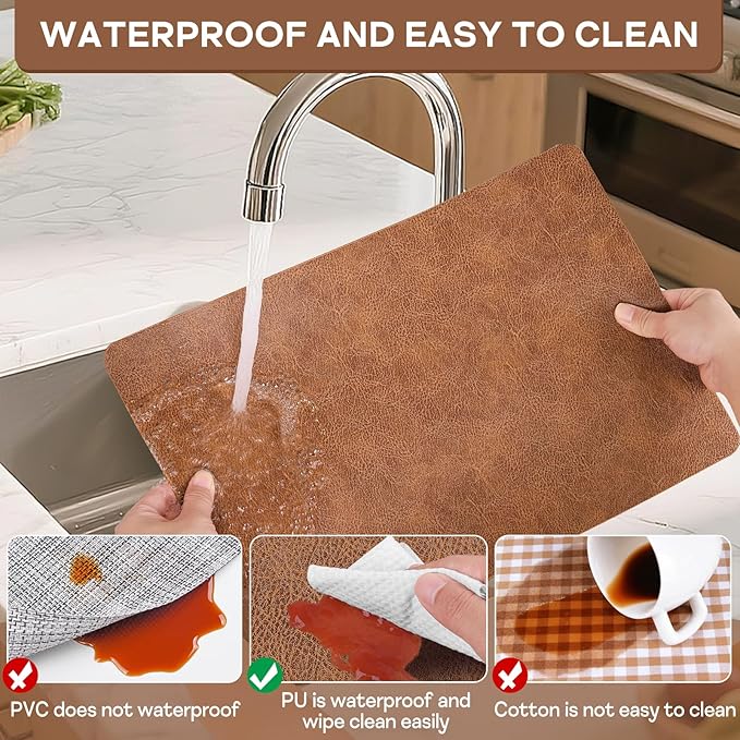 Faux Leather Placemats Set of 6, Washable Place Mats, Wipeable Waterproof Oil-Proof Heat Resistant Table Mats, Vinyl Placemats Rectangular Place Mat for Table Indoor Outdoor (Reddish Brown)