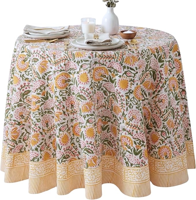 ATOSII Clover Yellow 100% Cotton Round Tablecloth, Handblock Print Floral Table Cloth for Kitchen Dining Linen I Parties, Weddings, Outdoors, Christmas, Thanksgiving I Fall Home Decor 60" Inches Round