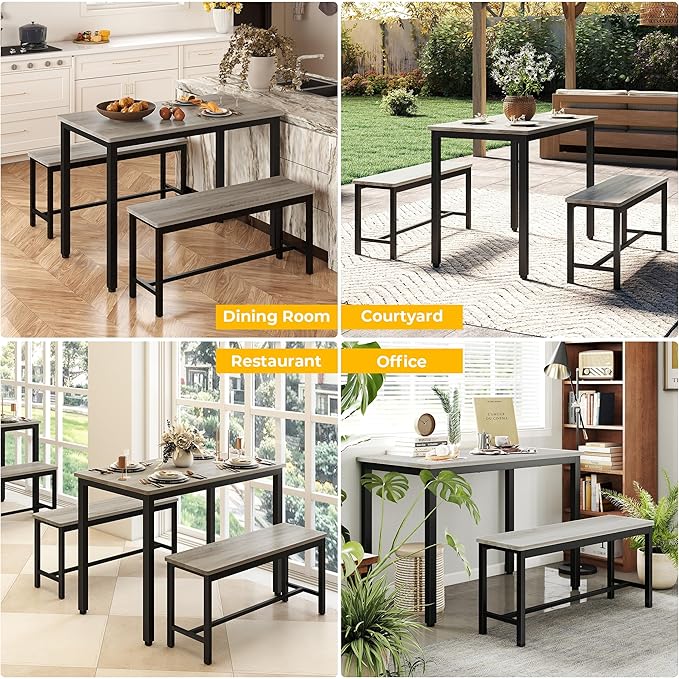 Sturdy Durable Dining Table Set for 4 with Bench, Easy to Assemble Kitchen Table with Bench, Space-Saving Ideal 4-Person Set for Daily Meals, brunches, or workspace,Grey
