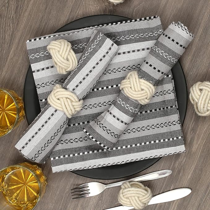 CLEENTABLE Farmhouse Napkin Ring Set of 12 - Handwoven Cotton & Jute Knot Design for Table Decor, Weddings, Dinner Parties & Everyday Dining - Decorative Adornment for Table Setting (Off White)