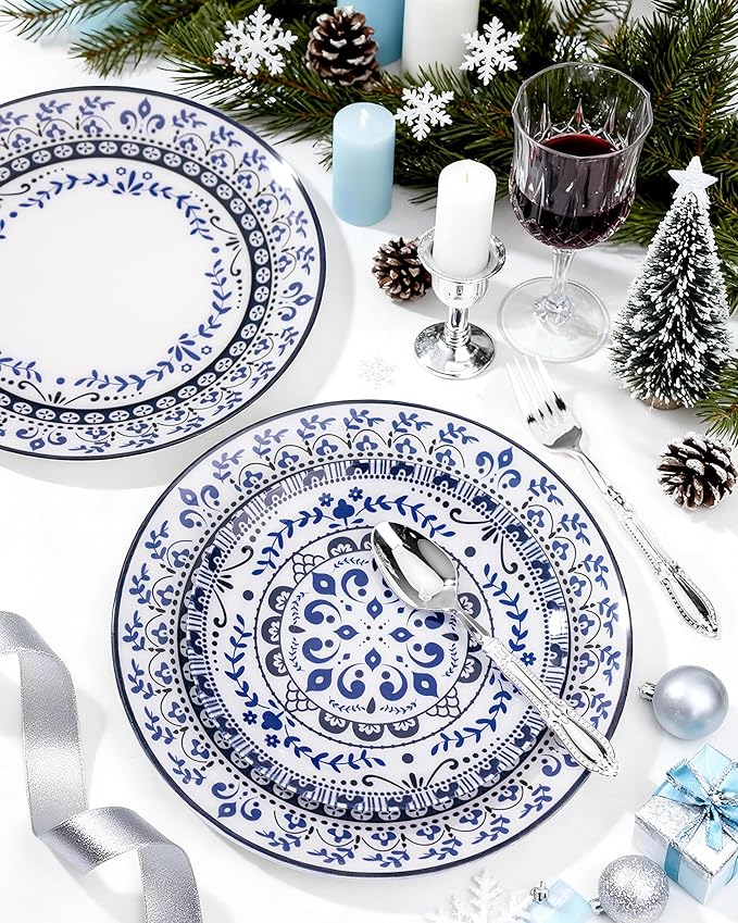 Hioasis 60pcs Blue Plastic Plates Set - Floral Blue & White Porcelain Design, 10.25" Dinner & 7.5" Dessert Plates Disposable for Wedding (Dishwasher Safe, Traditional Style)