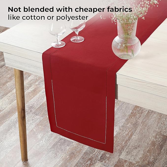 D'Moksha Homes Linen Red Table Runner 84 Inches Long - 100% Pure Linen Table Runner 14 x 84 Inch for Valentines, Spring - Classic Hemstitch