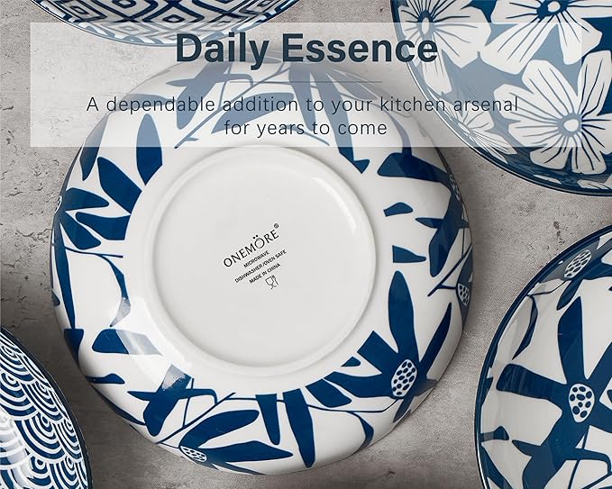 ONEMORE Ceramic Pasta Bowls Set of 4, 36 oz Salad Bowls, Large Kitchen Shallow Bowls Set-Vintage Blue Floral Pattern, Oven Microwave Dishwasher Safe, Scratch Resistant