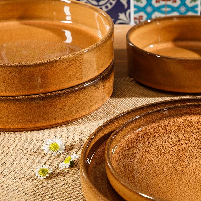 Bloomhouse - Two Time Oprah's Favorite Things Winner - Santorini Mist Double Bowl Terracotta Reactive Glaze Plates and Bowls Dinnerware Set - Amber, Service for Four (16pcs)