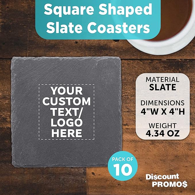 Custom Sohag Square Slate Coasters Set of 10, Personalized Bulk Pack - Table Decor, Kitchen Decor, Wedding Favors - Black